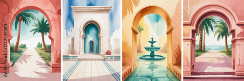 A stunning series of illustrations featuring elegant arches and tranquil waterfront views, depicting peaceful moments and the beauty of art and architecture.