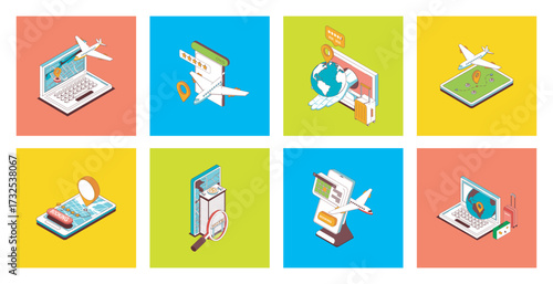 Booking concept of 3d isometric icons set. Pack with search and buy airline tickets online, ordering airplane transportation, hotel room reservation with rating in mobile app. Vector illustration.