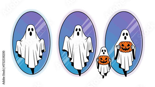 Spooky Reflections: Halloween-themed image features three adorable ghosts, each a spectral apparition in a playful, slightly cartoonish style, as if captured in otherworldly reflections.