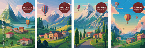 This captivating artwork features hot air balloons over stunning mountain views, blending nature's beauty with the thrill of adventure and exploration in the sky.