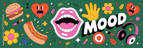 This artwork features whimsical mouth illustrations with various colorful objects and vibrant symbols that evoke feelings of happiness, energy, and excitement set against a green hue.