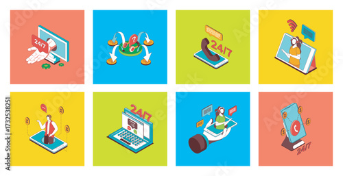Customer support concept of 3d isometric icons set. Pack with online assistance and help, clients calling to technical center, operators answering questions, company information. Vector illustration.