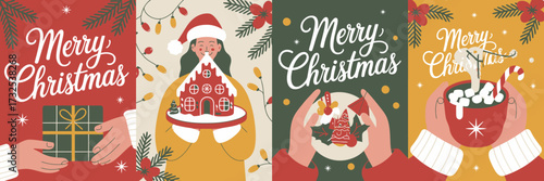 This festive illustration features beautifully wrapped gifts, a joyful girl holding a gingerbread house, and cozy hot cocoa, embodying the warmth and happiness of Christmas.