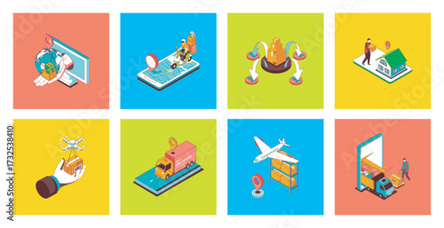 Delivery concept of 3d isometric icons set. Pack with global logistics with warehouse, truck transportation, food delivering with drones and couriers, tracking parcels in app. Vector illustration