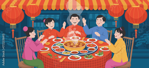 A lively group of friends gathered around a hotpot dinner, sharing stories, laughter, and delicious food while celebrating a joyful occasion in a colorful setting.