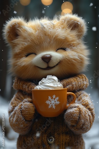 Smiling teddy bear in cozy winter sweater holding festive mug with whipped cream, joyful snow scene, perfect for Christmas cards, children illustrations, seasonal ads, holiday product designs