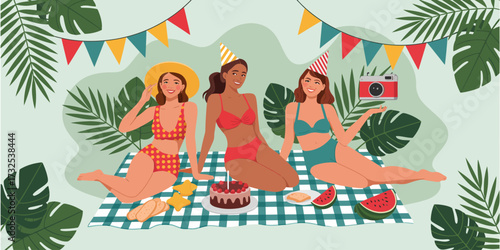 Three happy friends celebrate a birthday outdoors with cake, snacks, and summer attire, highlighting joy, friendship, and fun in a sunny atmosphere.