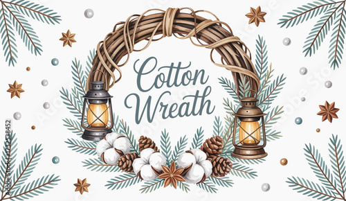 This charming cotton wreath features rustic lanterns surrounded by pine cones, cotton bolls, and star anise, perfect for cozy and festive seasonal decor.