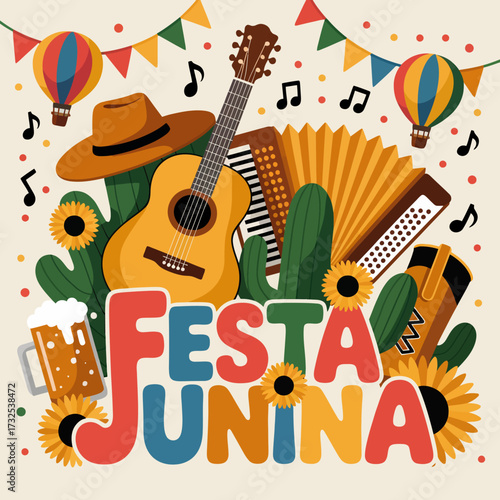 This engaging image showcases the vibrant atmosphere of Festa Junina, highlighting musical instruments and festive décor, capturing the essence of cultural celebration brilliantly.