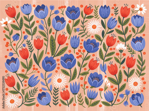 An intricate floral pattern showcasing a diverse range of flowers and greenery that adds a charming touch to various design projects aimed at enhancing beauty and creativity.