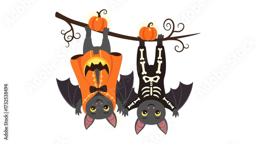 Halloween Bats: Delightful Halloween scene featuring two playful bats costumed as a pumpkin and a skeleton, hanging upside down from a whimsical branch adorned with pumpkins.