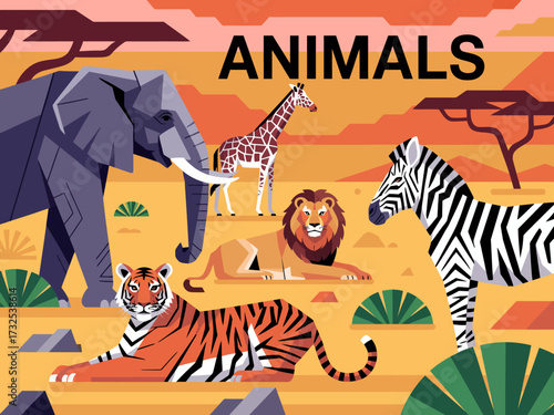 This vivid illustration delivers a captivating overview of wildlife, featuring an elephant, lions, zebras, and a tiger in a picturesque setting, celebrating the beauty of nature's creations.