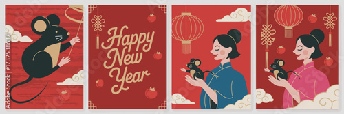 This vibrant illustration features a joyful mouse holding a lantern, beautifully designed with red and gold accents, celebrating the New Year in festive style.