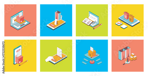 Election and voting concept of 3d isometric icons set. Pack with online vote system, making democratic choices, supporting political candidates and scoring politician results. Vector illustration.