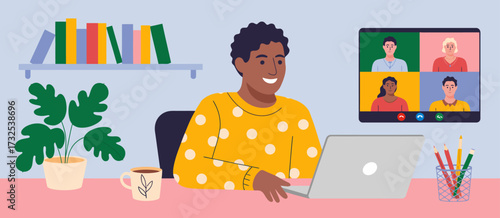 A cheerful person is participating in a video conference, smiling brightly while engaging with three individuals on their laptop, highlighting the enjoyment of remote collaboration.