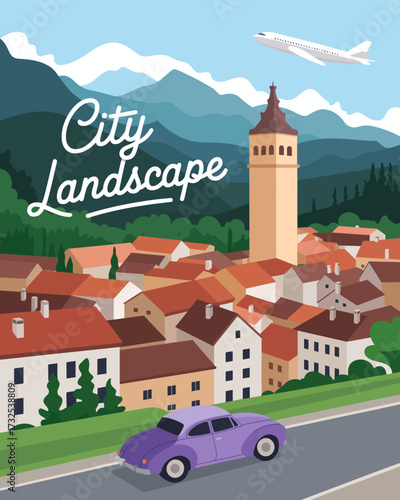 A picturesque city landscape featuring a quaint town, classic purple car, a tower, and an airplane soaring over green mountains in the background, embodying travel and nostalgia.