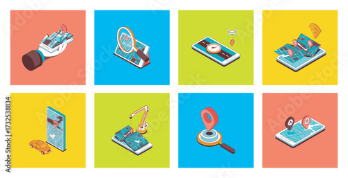 GPS navigation concept of 3d isometric icons set. Pack using online global positioning system with maps, compass navigator, driving direction at streets, location city pointers. Vector illustration.