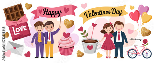 This engaging Valentine's Day illustration captures two boys sharing a chocolate gift amidst a charming setting filled with hearts and delightful treats, symbolizing friendship.