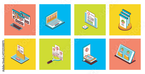 HR process concept of 3d isometric icons set. Pack with candidates looking for hiring, job interview at vacancy, searching best online resume, applicant offers, human resources. Vector illustration.