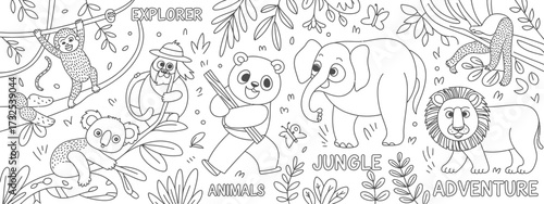 This whimsical jungle coloring page invites children to color adorable animals including an elephant, monkey, and lion, sparking imagination and playful creativity.