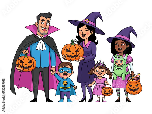 Halloween Family Fun: A joyous family dressed in festive Halloween costumes shares a moment of laughter and camaraderie. Each member holds a pumpkin or a candy bag.