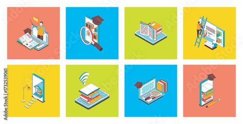 Online education concept of 3d isometric icons set. Pack with distantly studying with teacher video lectures, college or university platforms, digital books read, virtual exam. Vector illustration.