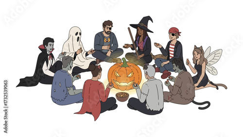 Halloween Gathering: A group of people in various costumes sit around a carved pumpkin, evoking a sense of festive cheer and spooky fun, captured in an illustrated style.