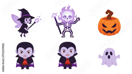 Halloween Characters: A collection of Halloween characters and symbols, including a wicked witch, a ghostly apparition, an eerie skull, a pair of sinister vampires, and a grinning pumpkin.
