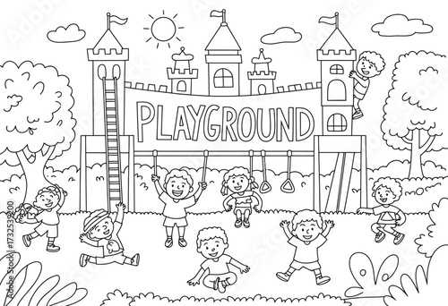 A colorful depiction of children joyfully playing at a playground, showcasing their energy and imaginative play in a delightful outdoor setting filled with laughter.