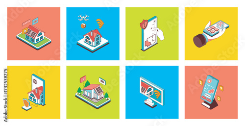Smart home concept of 3d isometric icons set. Pack with monitoring surveillance security system, wireless connection with electricity thermostats and different sensors in house. Vector illustration.