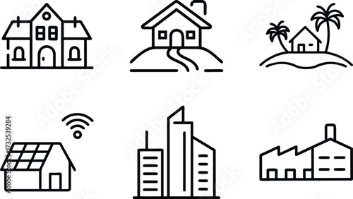 Set of 6 Minimal Line Icons of Houses, Buildings, and Architecture – Residential, Commercial, and Modern Real Estate Vector Illustrations on White Background