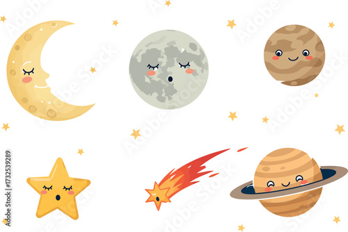 Cute Cartoon Planets, Moon, Star, and Comet