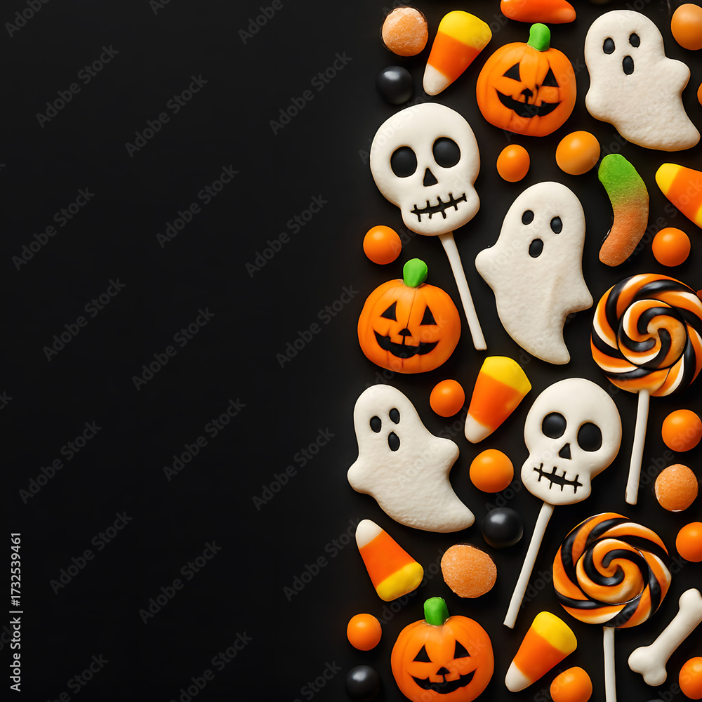 Sweets and pumpkins in festive style. Kids party. Halloween.