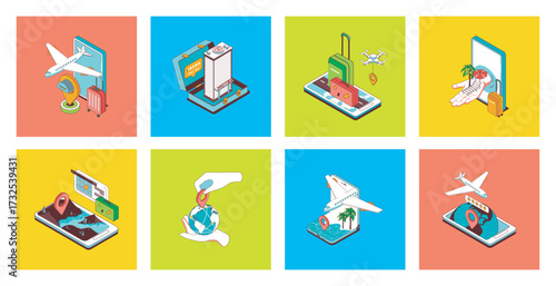 Travelling concept of 3d isometric icons set. Pack with flight tickets online booking, hotel room reservation, global tourism, summer trip to sea beach resort, map navigation. Vector illustration.