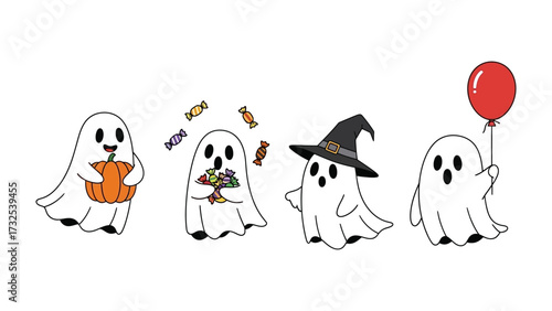 Whimsical Halloween Ghosts: A delightful cartoon featuring four playful ghost characters, each embodying the spirit of Halloween with pumpkin, candy, balloon.