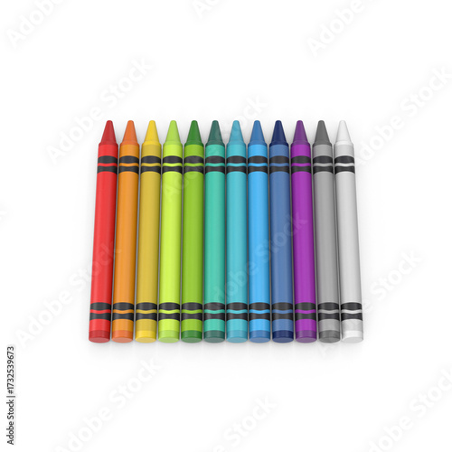 Twelve colorful crayons arranged for drawing and art use