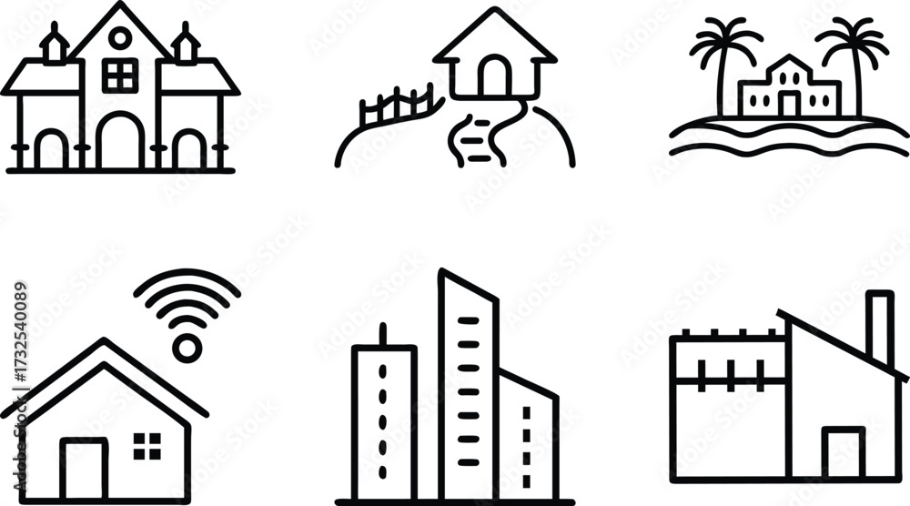 Fototapeta premium Set of 6 Minimal Line Icons of Houses, Buildings, and Architecture – Residential, Commercial, and Modern Real Estate Vector Illustrations on White Background