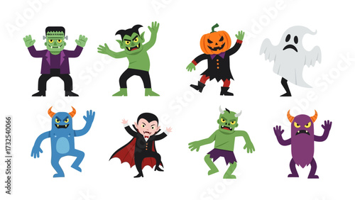 Halloween Creatures Lineup: A whimsical lineup of halloween creatures and characters, including a Frankenstein, Goblin, vampire, pumpkin head and ghost.