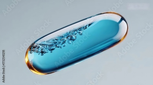 透明青色液体入りのカプセル、グレーの背景に浮かぶ