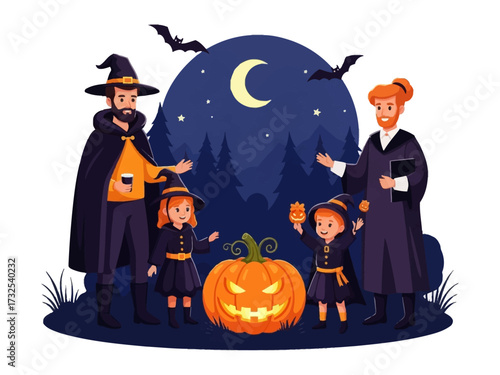 Family Halloween Night: An animated illustration of a family in Halloween costumes, illuminated by a grinning jack-o'-lantern under the night sky, celebrates the thrill of Halloween together.