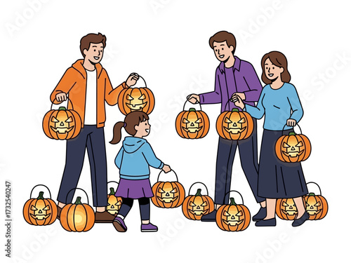 Halloween Lanterns' Display: A family of four, adorned with colorful autumn clothing, showcasing traditional pumpkin lanterns with spooky smiles.
