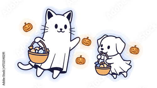 Halloween Kitty and Puppy Trick-or-Treating: Two adorable cartoon characters, a kitty and puppy, embody the spirit of Halloween, trick-or-treating with charming pumpkins and candy.
