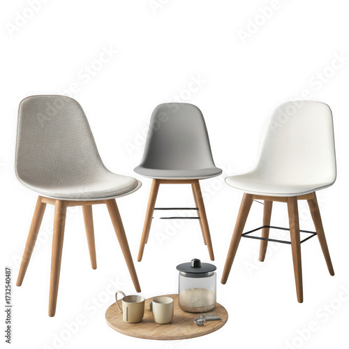 3d modern dining chairs with decorative tray isolated on transparent background