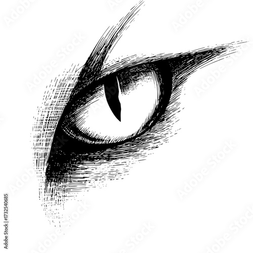 A detailed black and white sketch of a single eye with sharp lines and a piercing gaze on white background