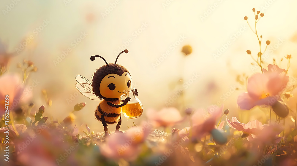 Fototapeta premium Cute Cartoon Bee Character Holding Jar of Honey in a Field of Flowers, Golden Hour Light, Illustration for Children's Book, Springtime