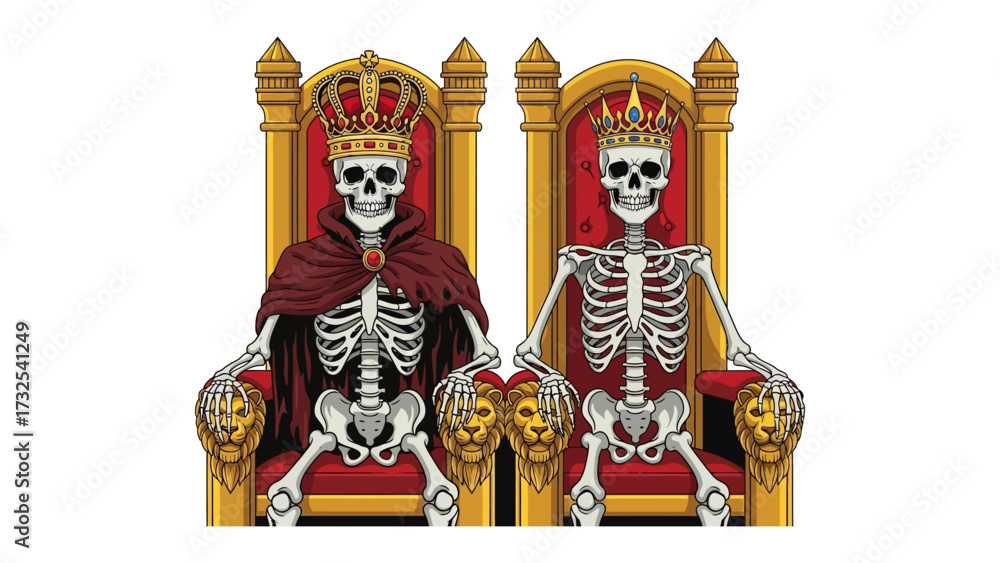Fototapeta premium Royal Skeleton: A regal illustration of two skeletal figures, each adorned with a crown and seated upon ornate thrones, symbolizing death, authority, and the inevitable cycle of life.