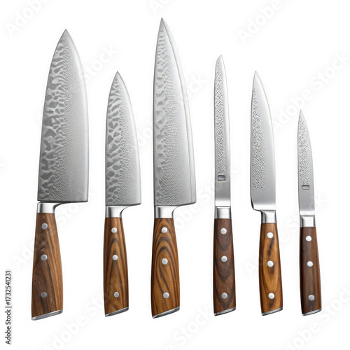 3d set of chef knives with hammered blades isolated on transparent background