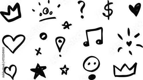 Collection of hand-drawn doodle elements including hearts stars and crowns simple vector illustration isolated on white background