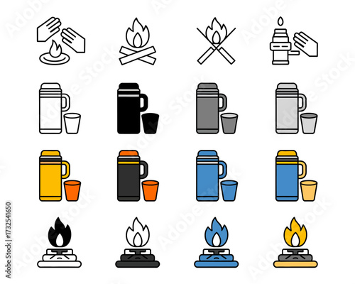 Camping and Outdoor Equipment Icon Set Featuring Campfire Thermos and Cooking Stove for Adventure Seekers and Nature Lovers