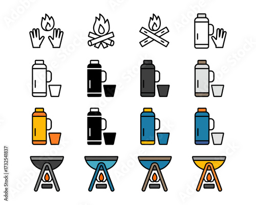 Camping and Outdoor Adventure Icons Vector Illustration for Travel and Recreation Enthusiasts Exploring Nature and Enjoying Time in the Wilderness